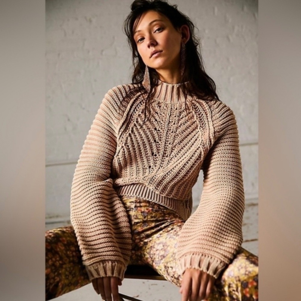 Free People Chunky Cable Knit Sweetheart Sweater Tan Brown Womens‎ Sz Large Boho